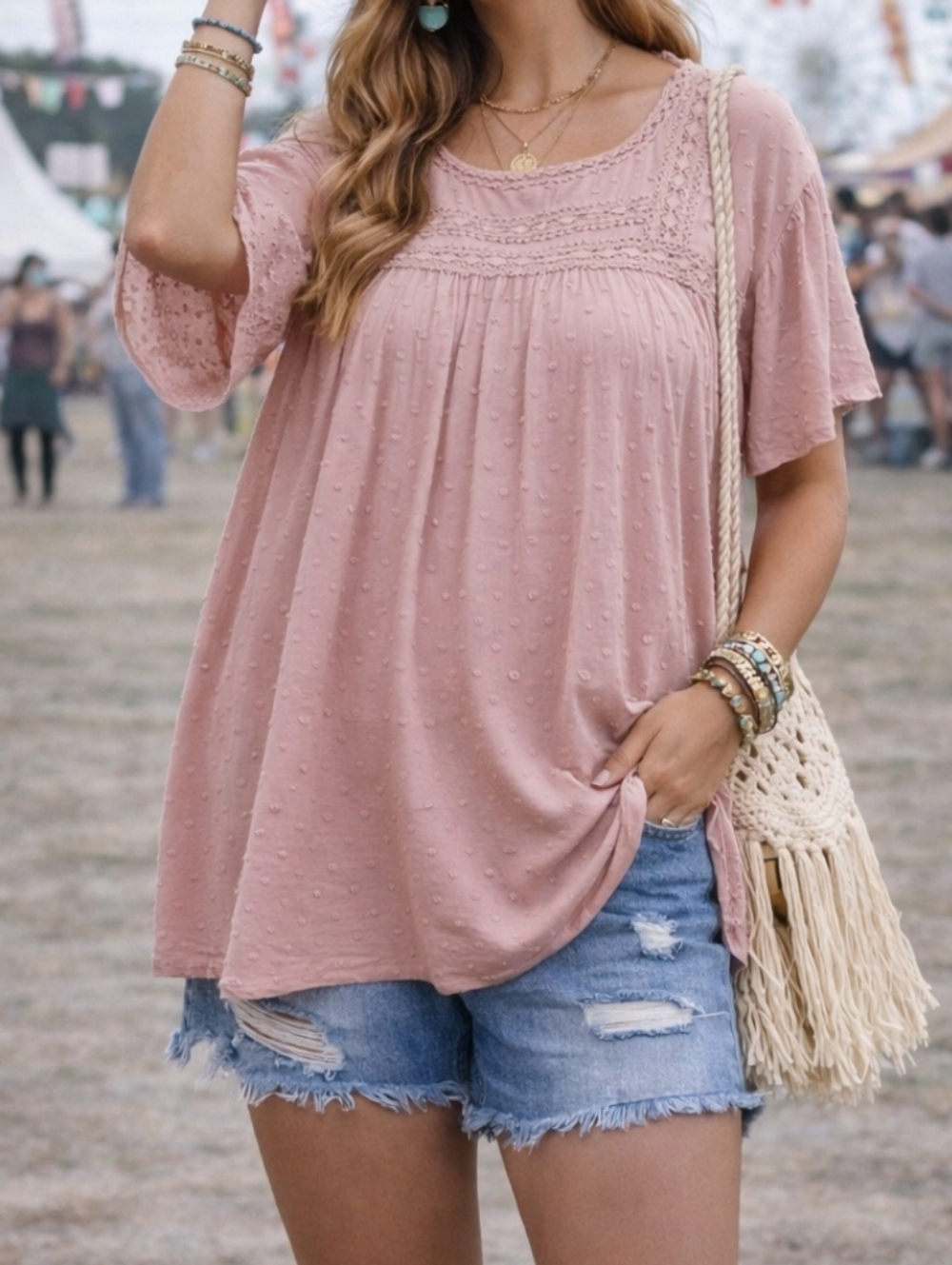 Perch by Blu Pepper XXL Blush Swiss Dot Boho Peasant Top Lace Trim Flowy